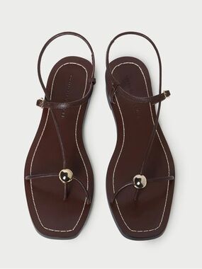Loeffler Randall Brown Leather T-Strap Sandals with Gold Accent